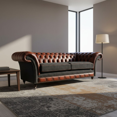 Modern Design Wohnzimmer Sofa 3 Sitzer Braun Chesterfield Couch Leder Polster Textil Neu