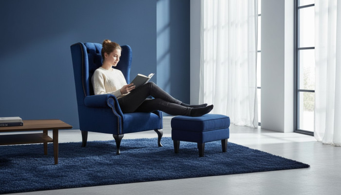 Ohrensessel Chesterfield Sofa Couch Polster 1 Sitzer Sessel Textil Blau