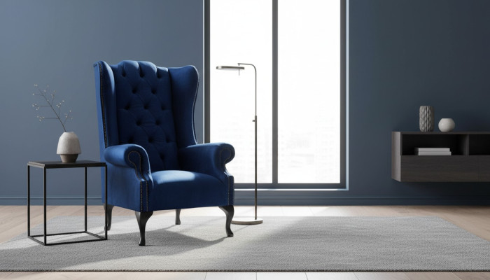 Ohrensessel Chesterfield Sofa Couch Polster 1 Sitzer Sessel Textil Blau