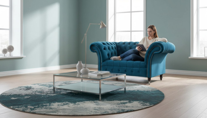 Chesterfield Sessel Design Polster Sofa Couch Blau Textil Möbel Neu