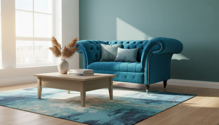Chesterfield Sessel Design Polster Sofa Couch Blau Textil Möbel Neu