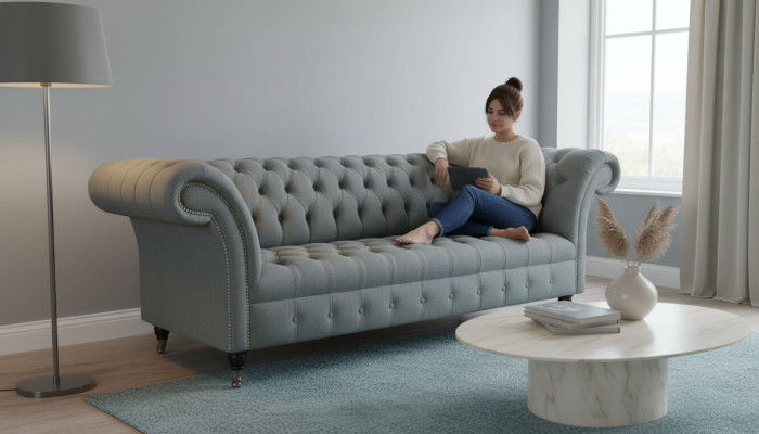 Sofa 3 Sitzer Couch Stoff Modern Luxus Grau Chesterfield Dreisitzer Neu