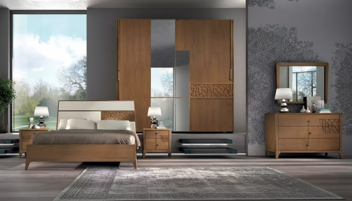 Schlafzimmer Set 6tlg. Luxus Bett 2x Nachttische Kleiderschrank Holz Neu