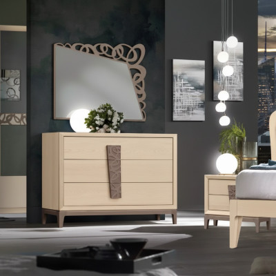 Schlafzimmer Set Luxus Kommode Spiegel Design Möbel beige 3tlg Holz