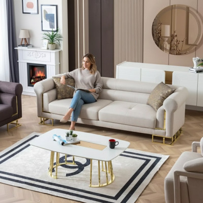 Sofa 3 Sitzer Textil Wohnzimmer Design Modern Neu Luxus weiß