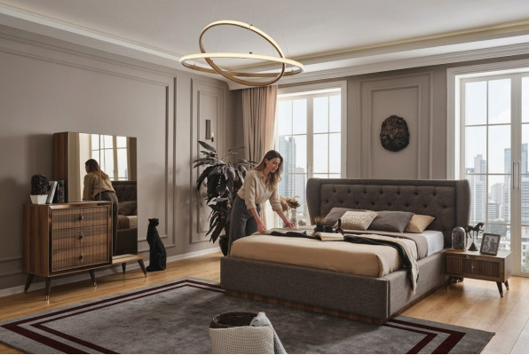 Modernes Schlafzimmer Set Designer Bett 2x Nachttische Kommode Spiegel