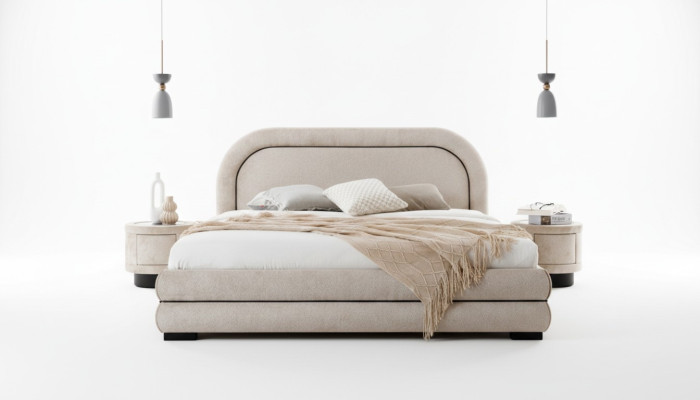 Schlafzimmer Garnitur Designer Beiges Doppelbett 2x Textil Nachttische