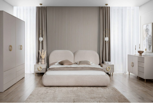 Beiges Schlafzimmer Set Doppelbett Kleiderschrank Kommode 2x Nachttische
