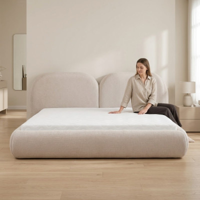 Beiges Schlafzimmer Doppelbett RundesTextil Kopfteil Polsterbetten Neu
