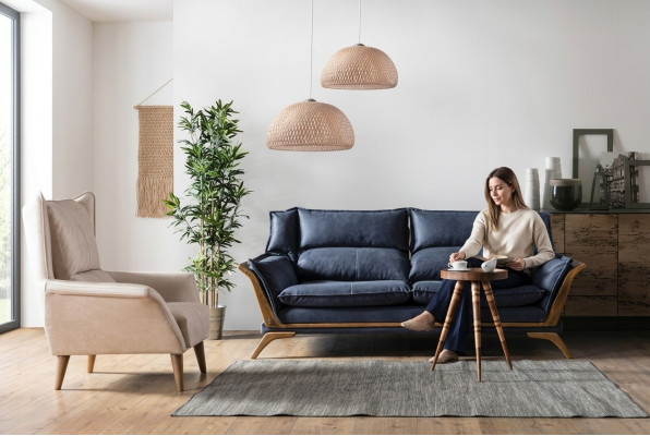 Blau-Weißes Wohnzimmer Sofagarnitur Dreisitzer Luxus Sessel Couch 2tlg