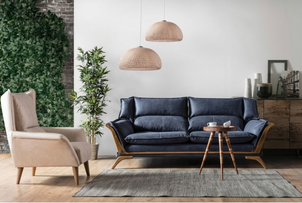 Blau-Weißes Wohnzimmer Sofagarnitur Dreisitzer Luxus Sessel Couch 2tlg
