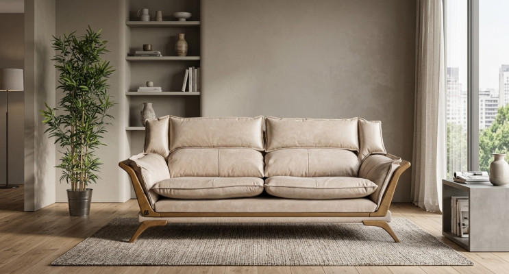 Beiger 3-Sitzer Luxus Sofas Polstermöbel Leder Wohnzimmer Design Möbel