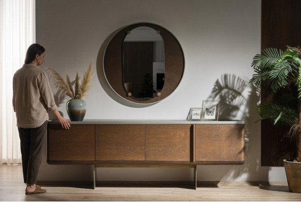 Braunes Sideboard Moderne Holzmöbel Luxus Rundspiegel Wohnzimmer 2tlg