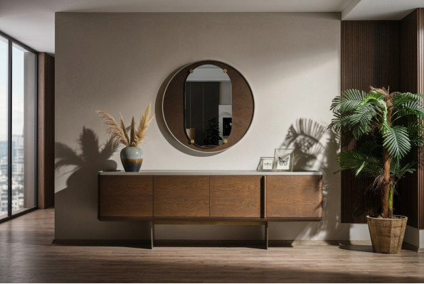 Braunes Sideboard Moderne Holzmöbel Luxus Rundspiegel Wohnzimmer 2tlg