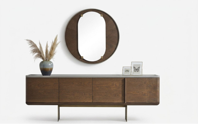 Braunes Sideboard Moderne Holzmöbel Luxus Rundspiegel Wohnzimmer 2tlg