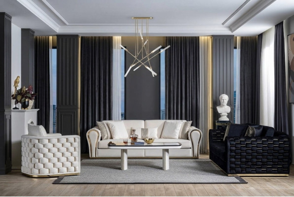 Blau-Beiges Wohnzimmer Set Luxus Sofagarnitur 3+3+1 Sitzer Design Couch