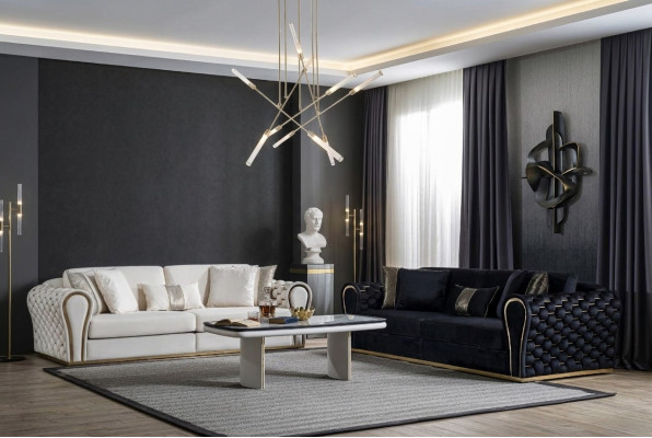 Schwarz Weiße Sofagarnitur 3+3 Designer Sitzer Luxus Polster 2x Sofas