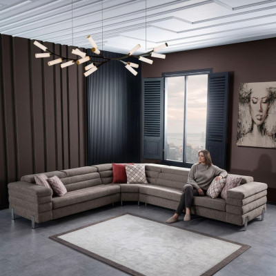 Modernes L-Form Beiges Ecksofa Wohnzimmer Polster Couchen Holzgestell