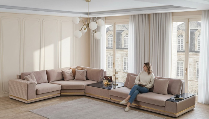Beiges L-Form Sofa Stilvolle Wohnlandschaft Designer Couch Polstermöbel