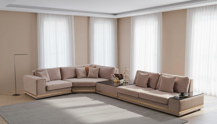 Beiges L-Form Sofa Stilvolle Wohnlandschaft Designer Couch Polstermöbel