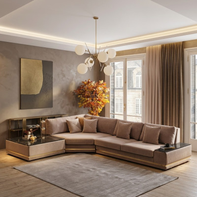 Beiges L-Form Designer Ecksofa Polster Wohnlandschaft Luxuriöses Sofa