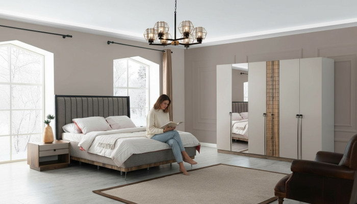 Schlafzimmer Moderne Garnitur Textil Doppelbett Holz Kleiderschrank 4tlg