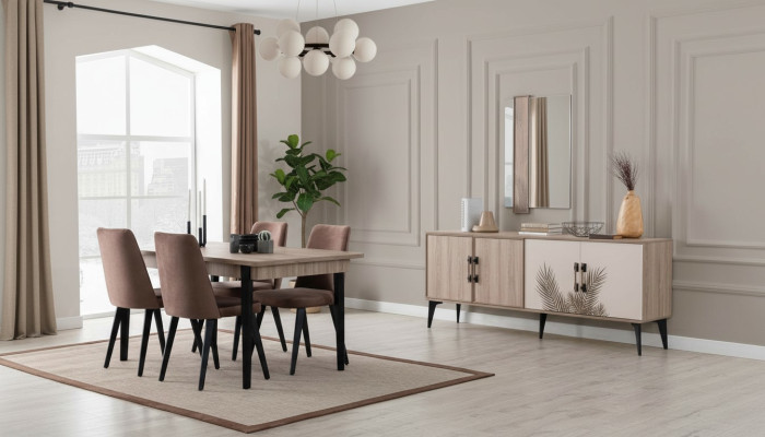 Braune Esszimmer Garnitur Luxus Esstisch 4x Stühle Sideboard Spiegel
