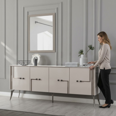 Moderner Esszimmer Set Designer Sideboard 4-türig Luxus Spiegel 2tlg