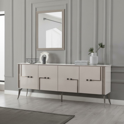 Moderner Esszimmer Set Designer Sideboard 4-türig Luxus Spiegel 2tlg