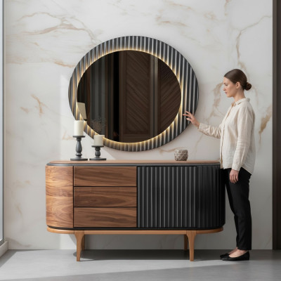 Braune Kommode Mit Schubladen LED-Spiegel Designer Schlafzimmer Garnitur