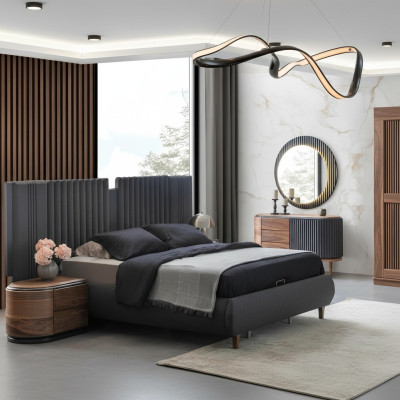 Moderne Graue Schlafzimmer Garnitur Textilbett Holz Nachttische Kommode