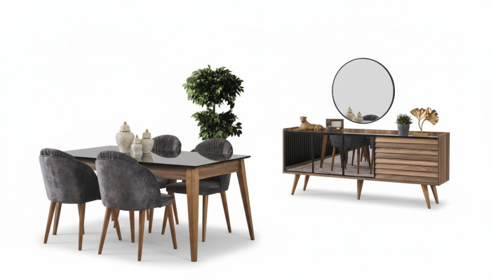 Komplette Braune Esszimmer Garnitur Esstisch 4x Stühle Sideboard 7tlg