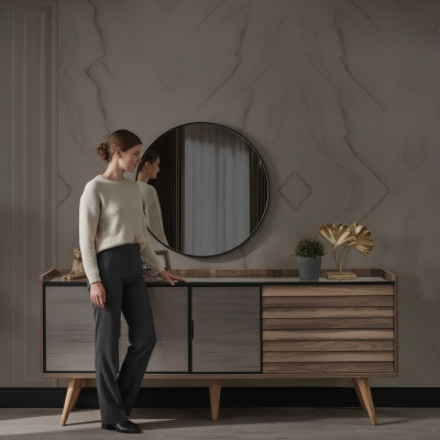 Braunes Esszimmer Set Stilvolles Sideboard Rundspiegel Holzmöbel 2tlg