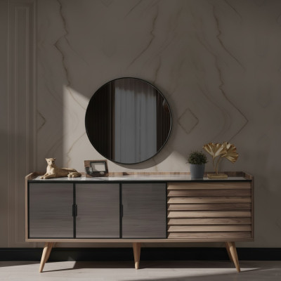 Braunes Esszimmer Set Stilvolles Sideboard Rundspiegel Holzmöbel 2tlg