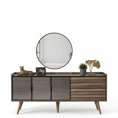 Braunes Esszimmer Set Stilvolles Sideboard Rundspiegel Holzmöbel 2tlg