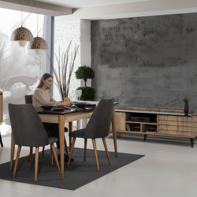 Esszimmer Gruppe Designer Brauner Esstisch 4x Schwarze Polsterstühle