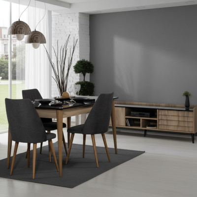 Esszimmer Gruppe Designer Brauner Esstisch 4x Schwarze Polsterstühle