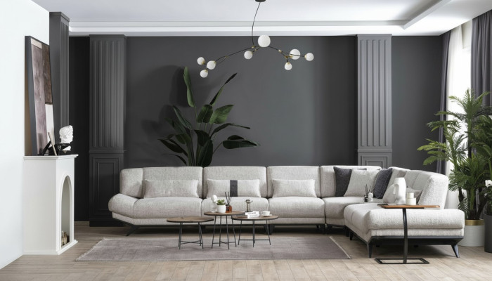Weiße Wohnzimmer Garnitur Ecksofa L-Form Couch Beistelltisch Sofa 2tlg