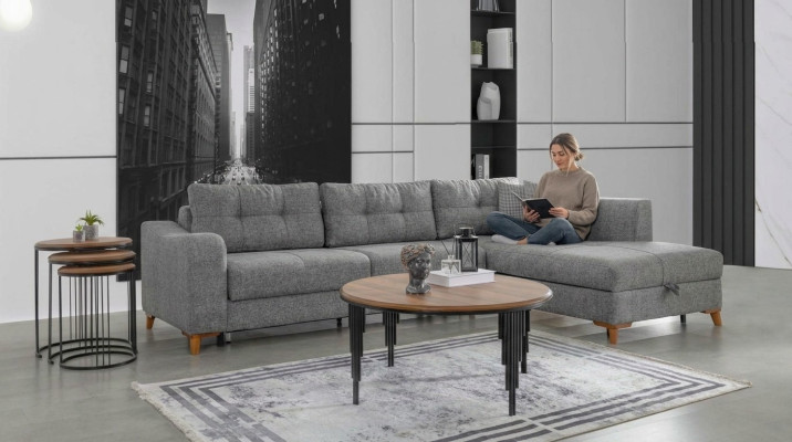 Graues L-Form Ecksofa Designer Wohnzimmer Sofas Luxus Couchen Holzmöbel