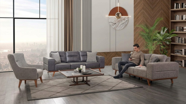 Graue Komplette Wohnzimmer Sofagarnitur 2x Dreisitzer Sessel 3tlg Set