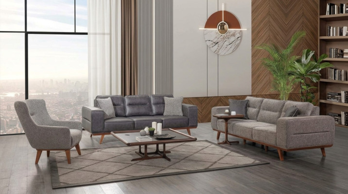 Graue Komplette Wohnzimmer Sofagarnitur 2x Dreisitzer Sessel 3tlg Set