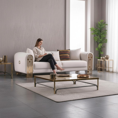 Weißer Wohnzimmer Edelstahl Couch Polstermöbel Textil Design Stil Sofa