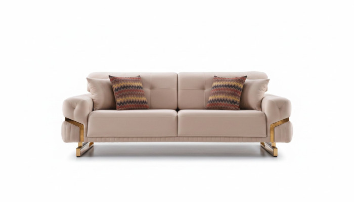 Beiger Dreisitzer Edelstahlmöbel Wohnzimmer Couch Luxus Textil Sofa