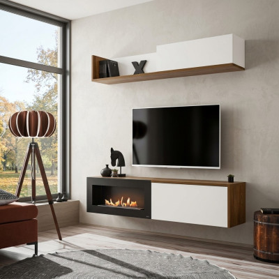 Wohnzimmer TV Ständer mit Kamin Wohnwand Wandregal Holz Möbel Neu