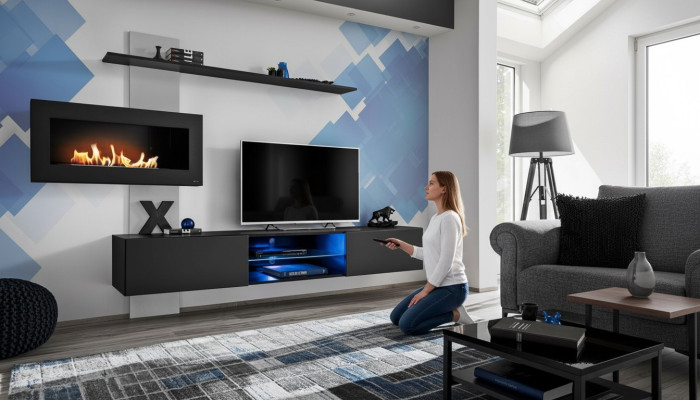 Schwarz Wohnwand mit Kamin Wohnzimmer Designer Modern Möbel TV Ständer