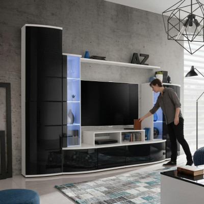 Schwarz Wohnwand Wohnzimmer Luxus Set Vitrine TV Ständer Holz Möbel Neu