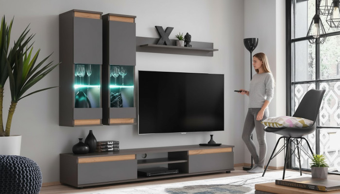 Luxus Wohnwand tv Ständer Holz Designer Wohnzimmer Grau Möbel Wandschrank