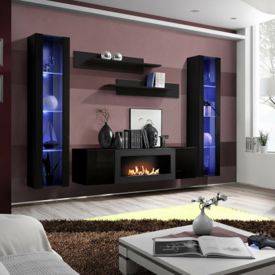 Komplett Set 5tlg Luxus Wohnwand Schwarz Designer Hänge Vitrine Holz Möbel