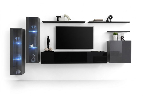 Designer Schwarz Wohnwand Sideboard Wandschrank TV-Ständer Luxus Garnitur