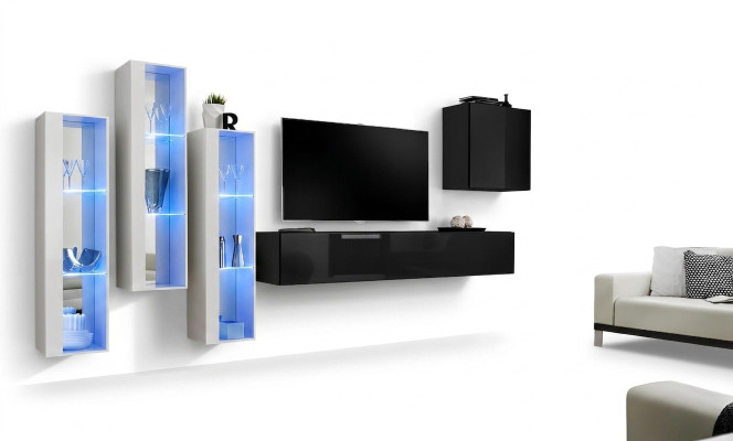 Schwarz TV Ständer Wohnwand Set 5tlg Wandschrank Holzmöbel Designer Neu